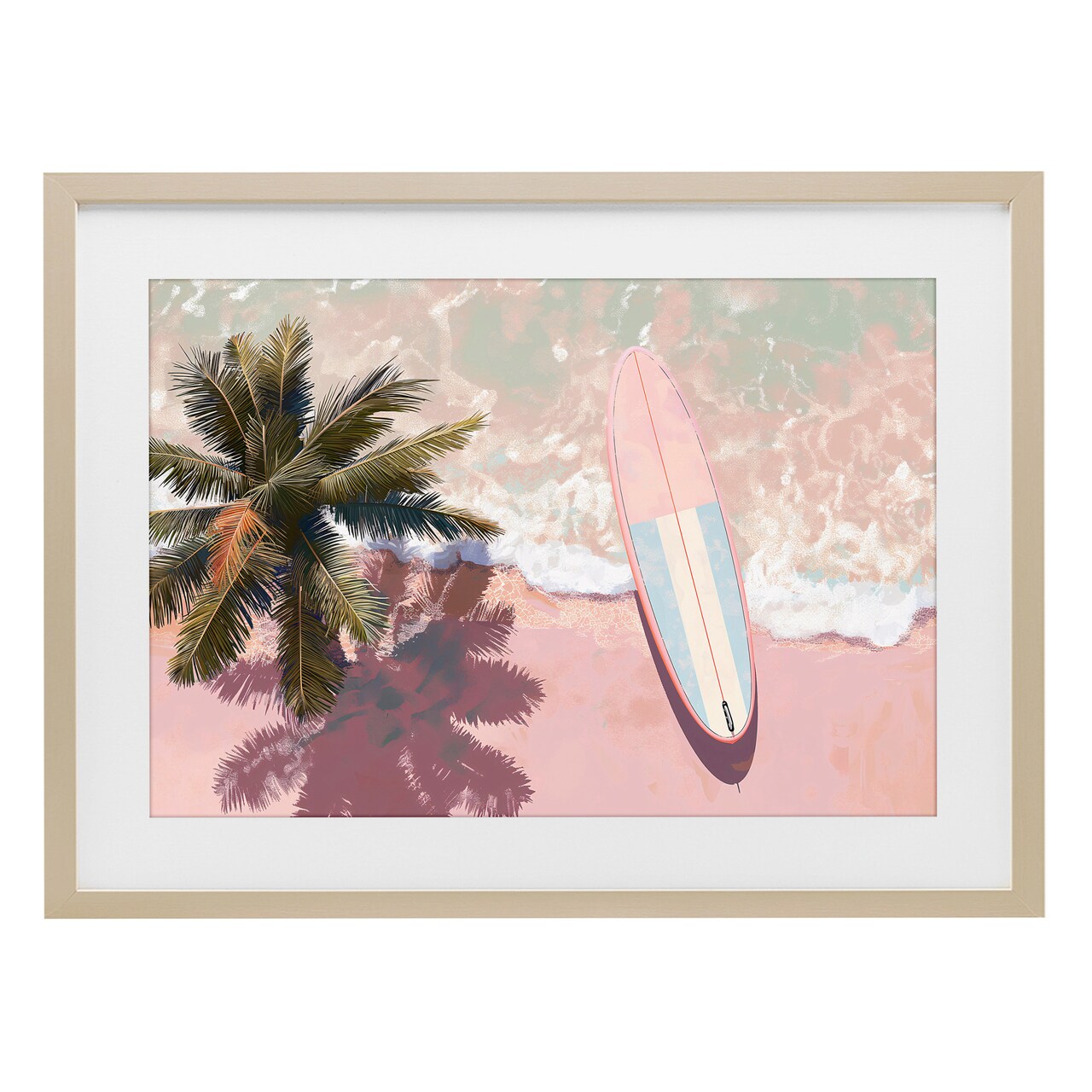 Stupell Industries Blush Pink Surfboard & Palm Framed Print Under Glass, design by Jacky Ngan